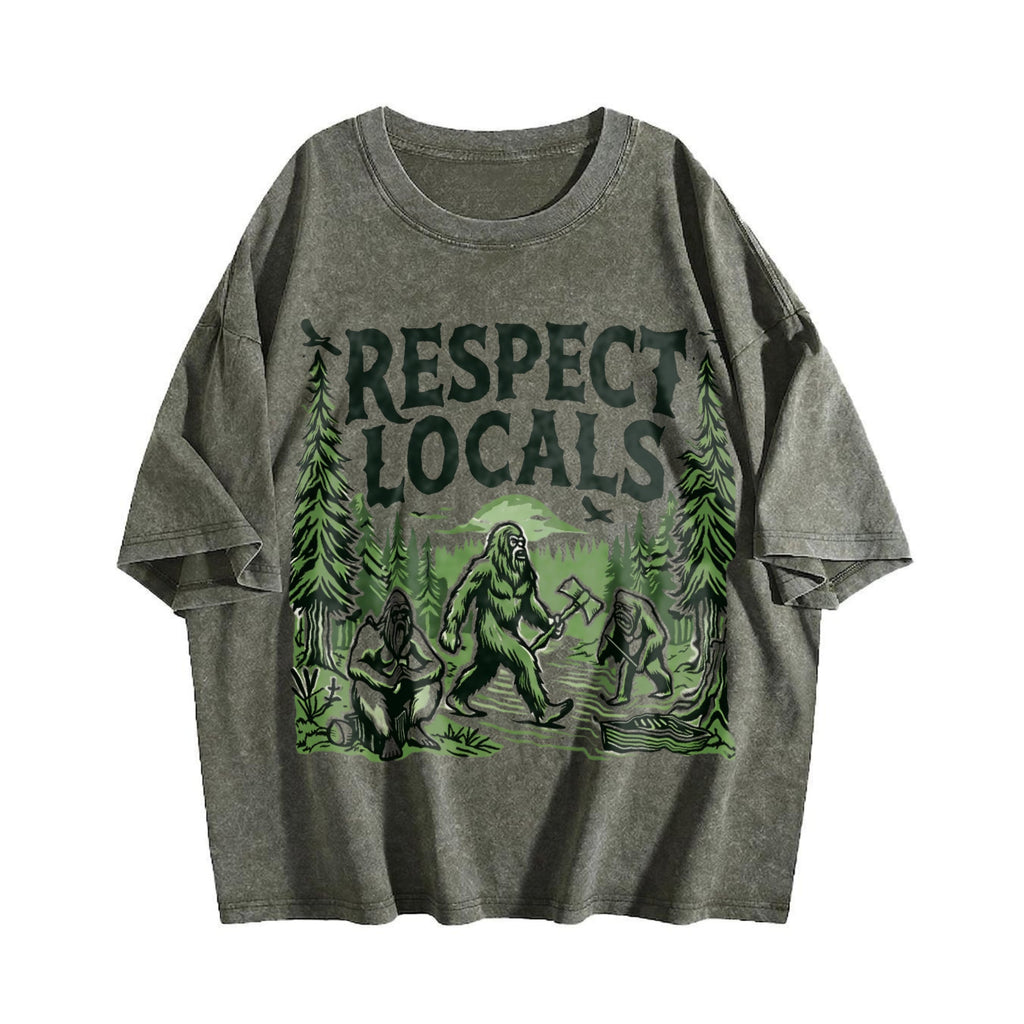 Funny Big Foot Respect Locals 90s Vintage Washed T-Shirt product image 4