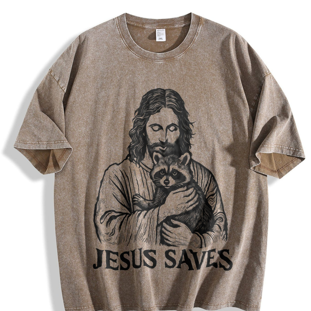 Religious Jesus Hugs Raccoon Christ Vintage Washed T-Shirt product image 3