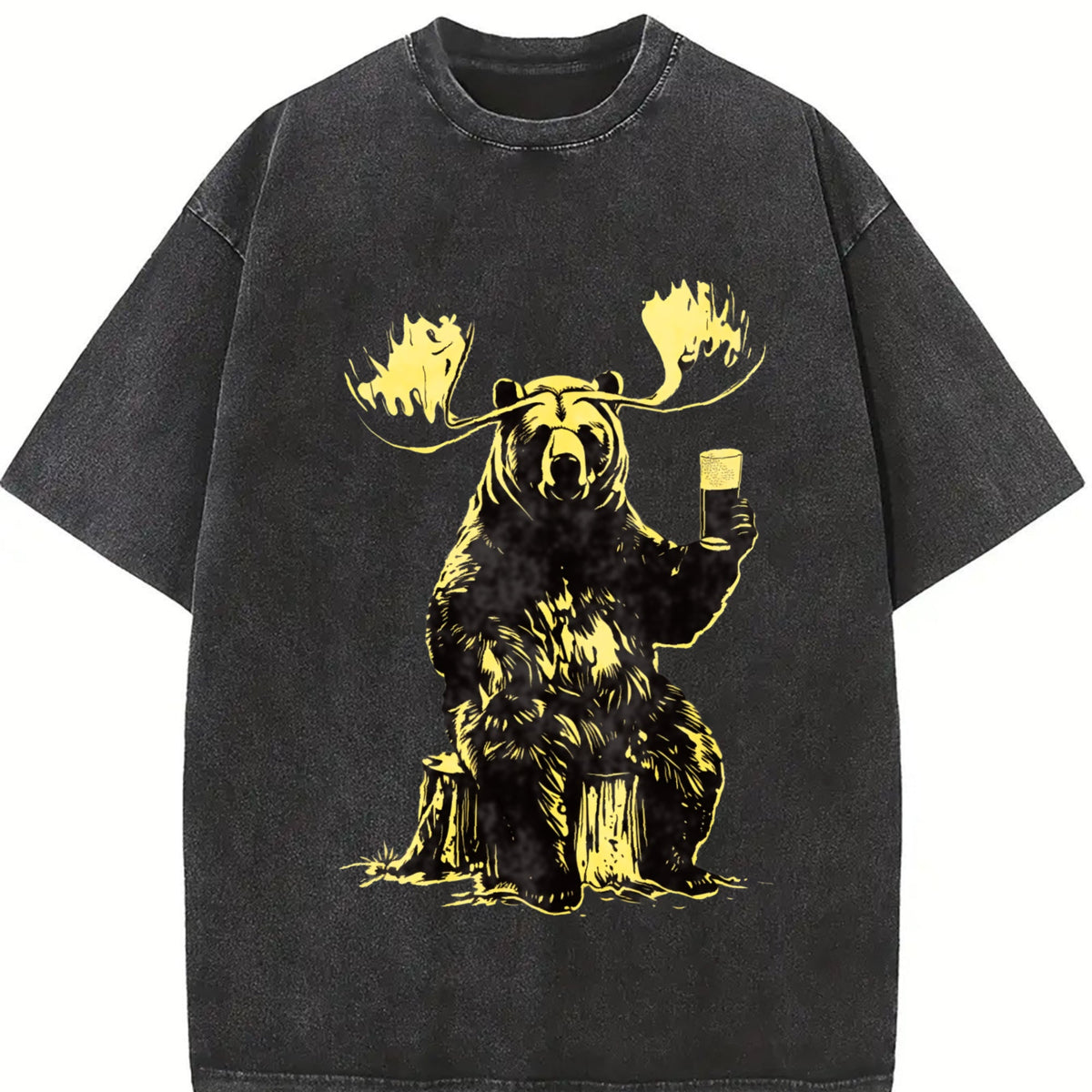 Bear Moose Drinking Beer 90s Vintage Washed T-Shirt product image 2