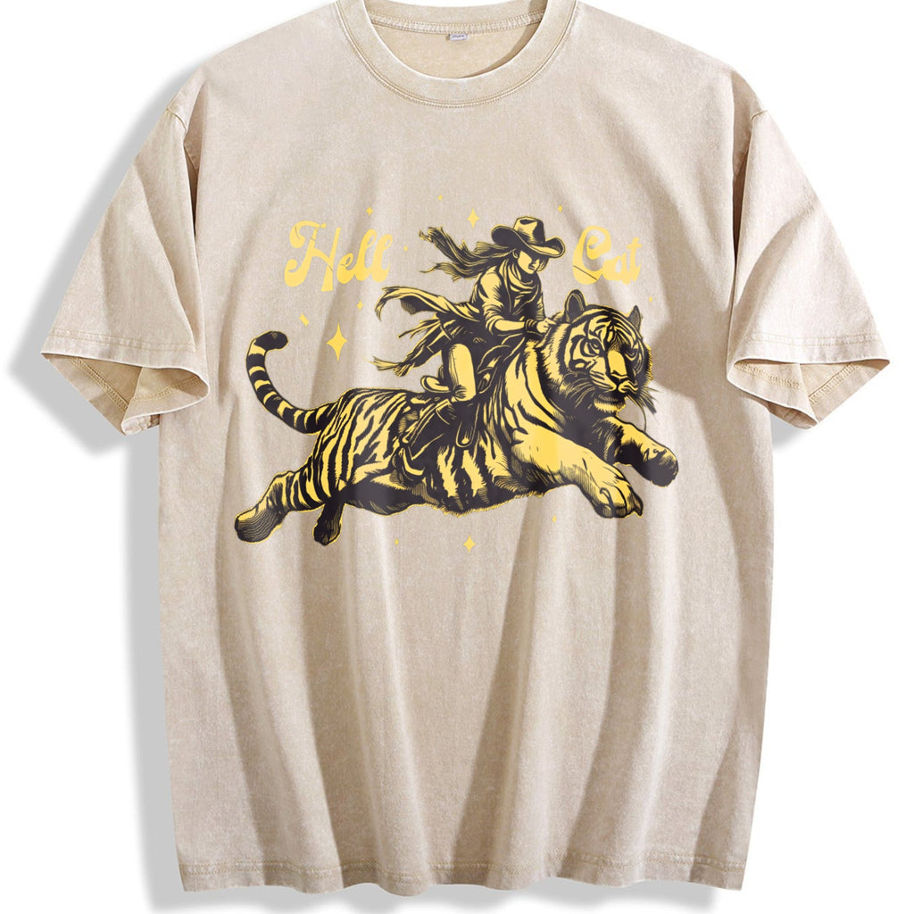 Hell Cat Cowgirl Riding Tiger Vintage Washed T-Shirt product image 1