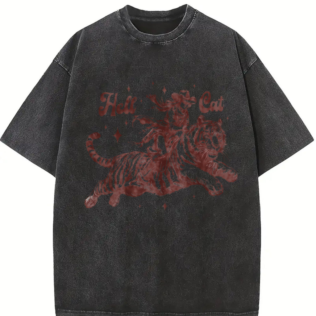 Hell Cat Cowgirl Riding Tiger Vintage Washed T-Shirt product image 2