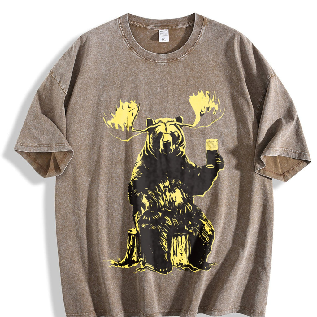 Bear Moose Drinking Beer 90s Vintage Washed T-Shirt product image 3