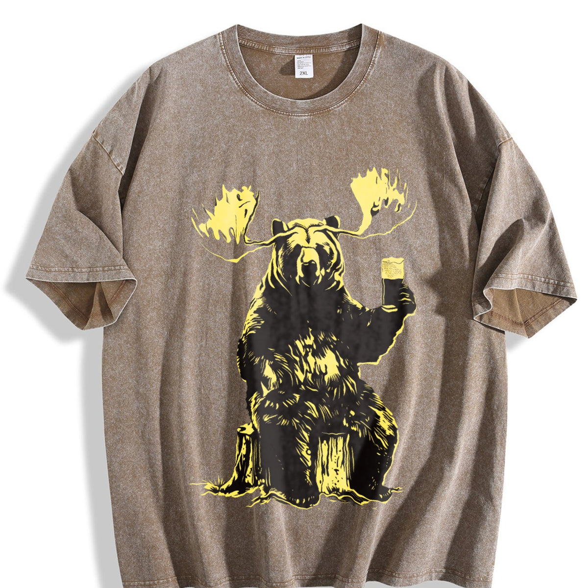 Bear Moose Drinking Beer 90s Vintage Washed T-Shirt product image 3