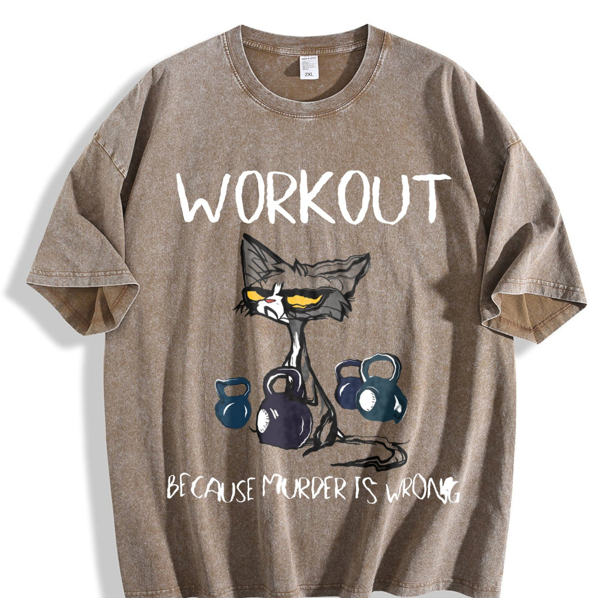 Humorous Cat & Dumbbell Vintage Washed T-Shirt product image 3