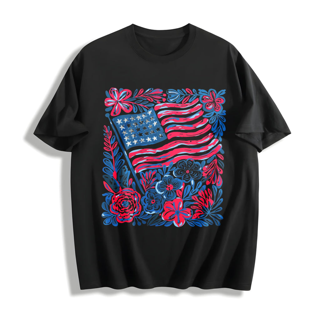 Boho American Flag Floral Cotton T-Shirt product image 1