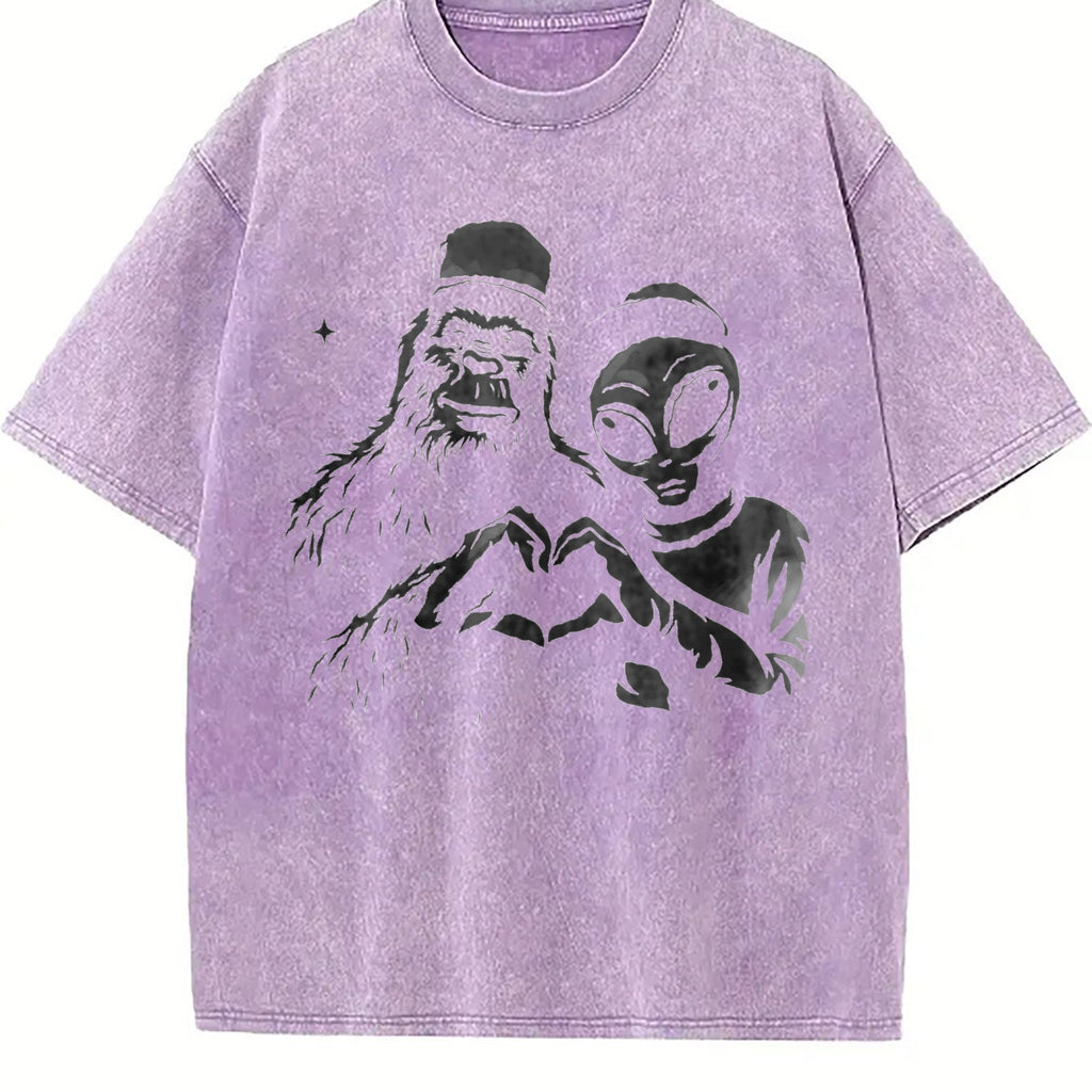 Bigfoot And Alien Heart Hands Funny Vintage Washed T-Shirt product image 6