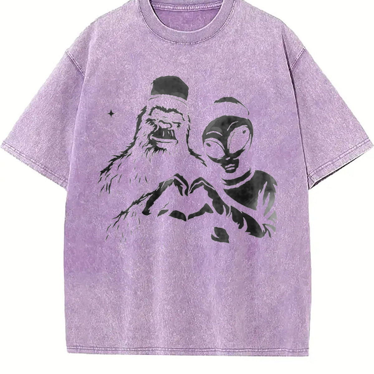 Bigfoot And Alien Heart Hands Funny Vintage Washed T-Shirt product image 6