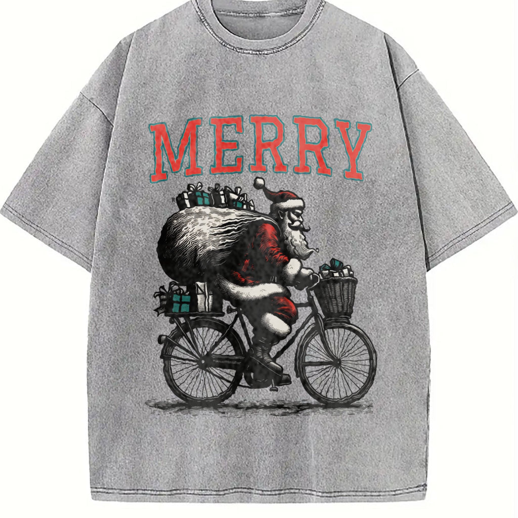 Merry Santa Riding Bike 90s Vintage Washed T-Shirt product image 5