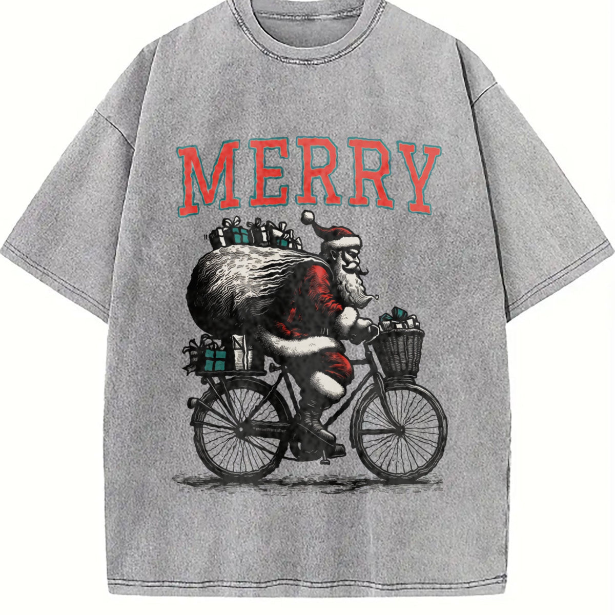 Merry Santa Riding Bike 90s Vintage Washed T-Shirt product image 5