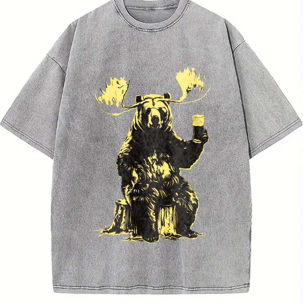 Bear Moose Drinking Beer 90s Vintage Washed T-Shirt product image 5