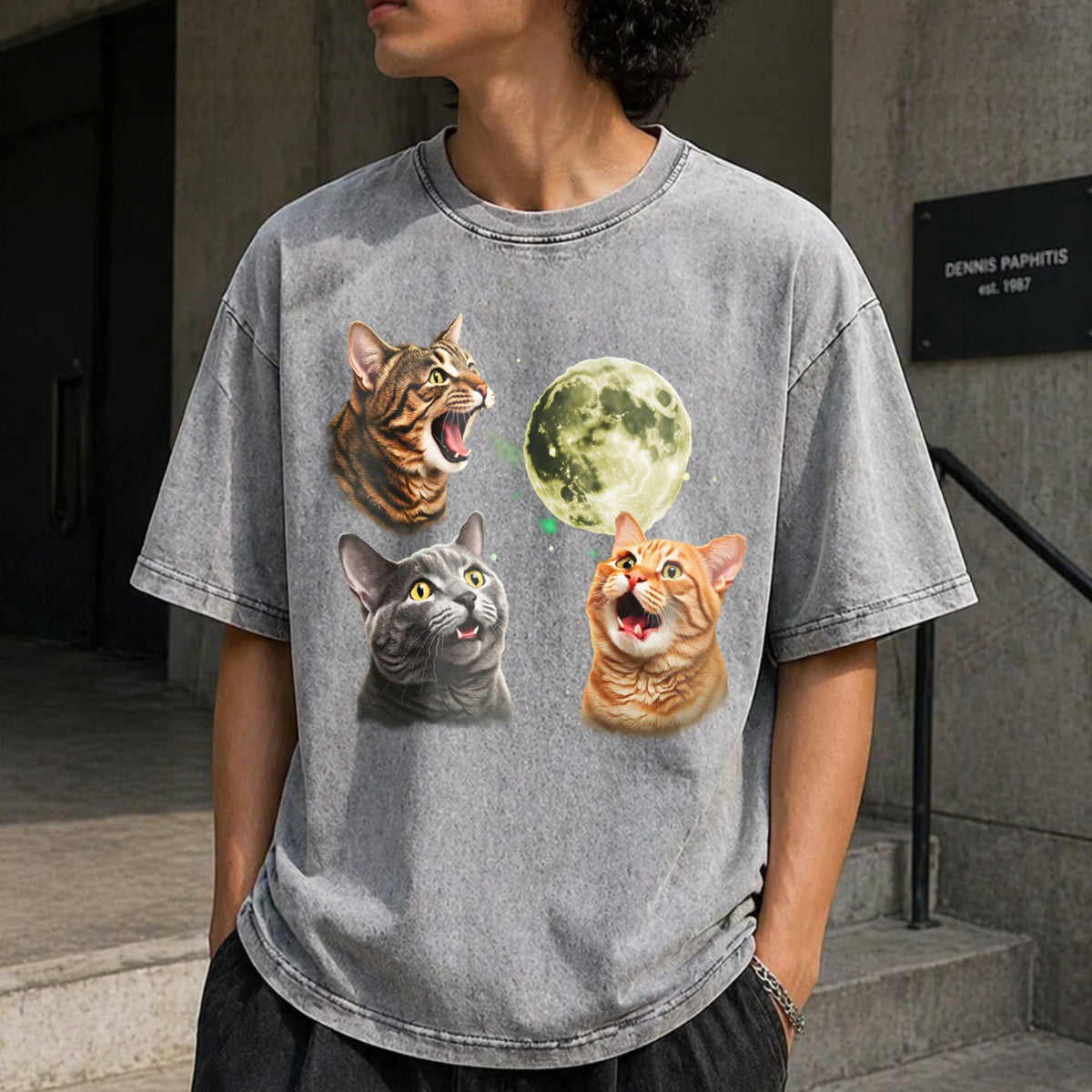 Three Cats Moon Vintage Washed T-Shirt product image 5