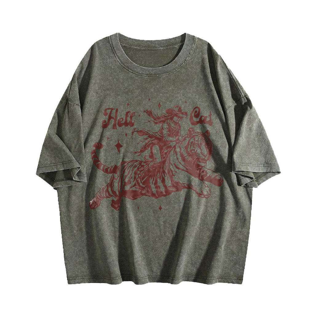 Hell Cat Cowgirl Riding Tiger Vintage Washed T-Shirt product image 4