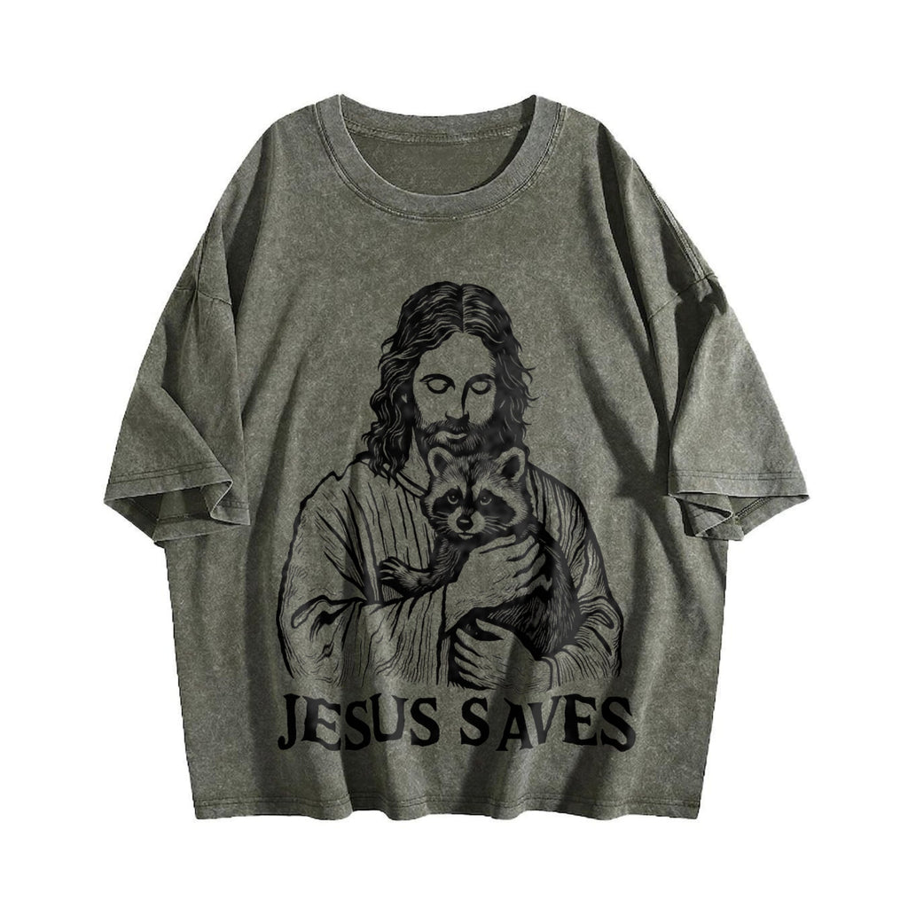 Religious Jesus Hugs Raccoon Christ Vintage Washed T-Shirt product image 4