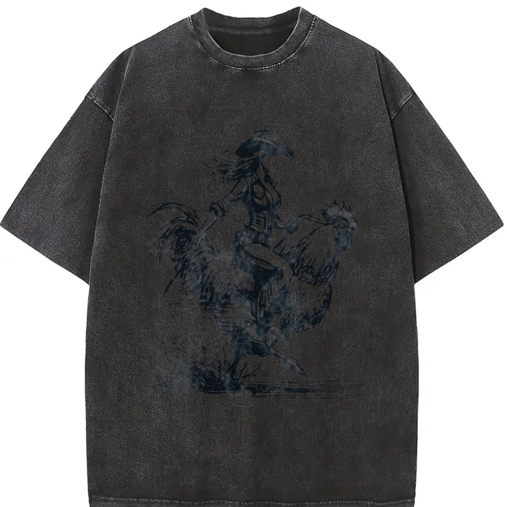 Funny Cowgirl Riding Chicken 90s Vintage Washed T-Shirt product image 2