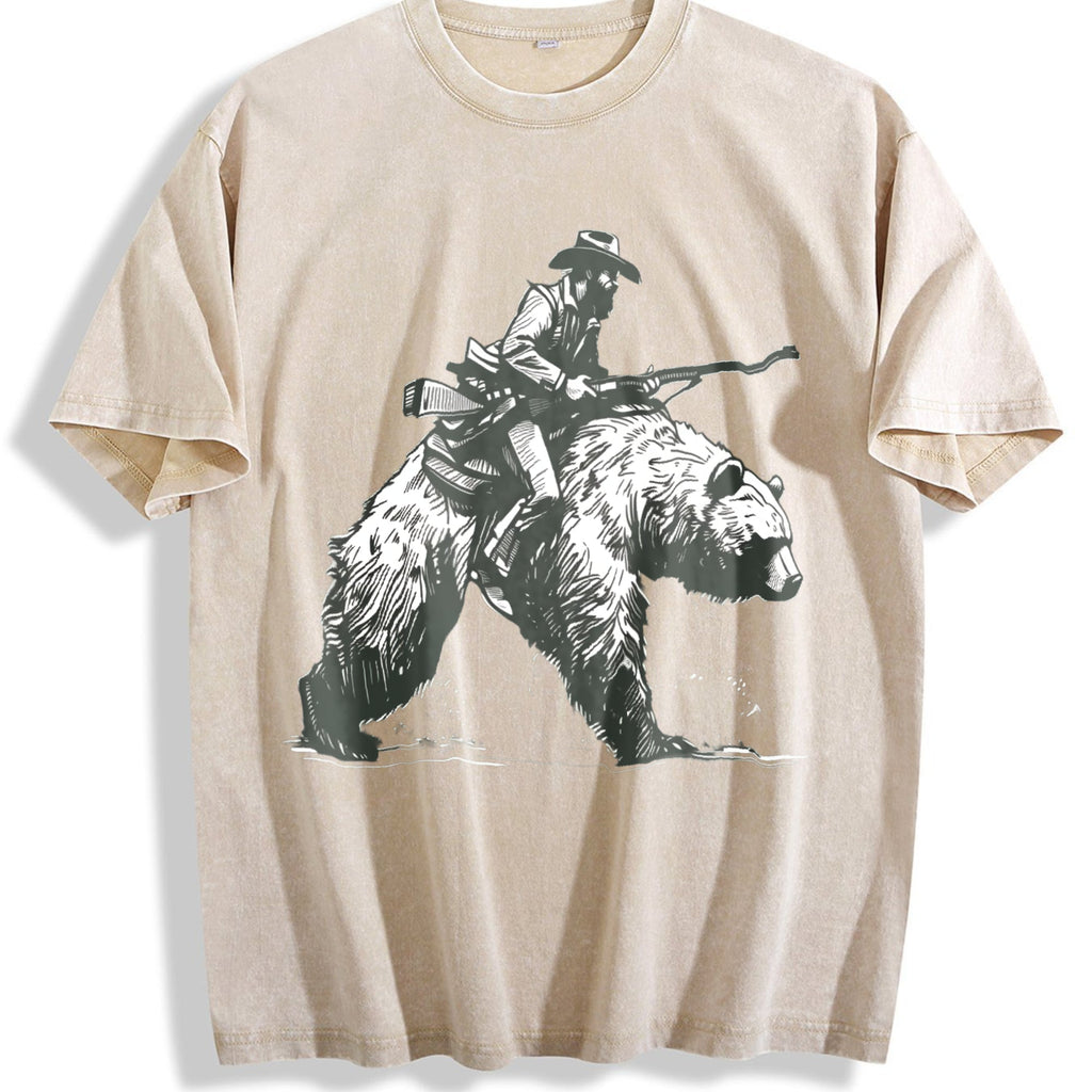 Lumberjack Cowboy Riding A Bear 90s Vintage Washed T-Shirt product image 1