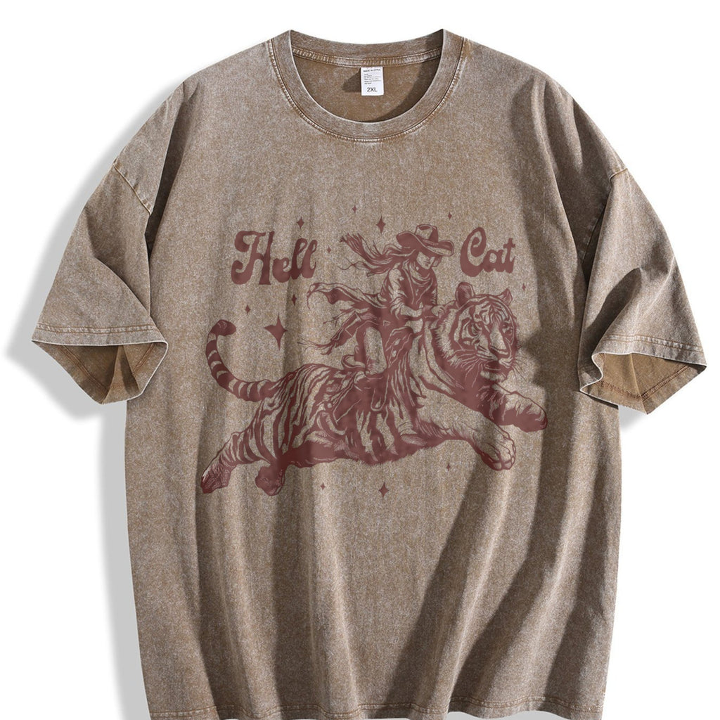 Hell Cat Cowgirl Riding Tiger Vintage Washed T-Shirt product image 3