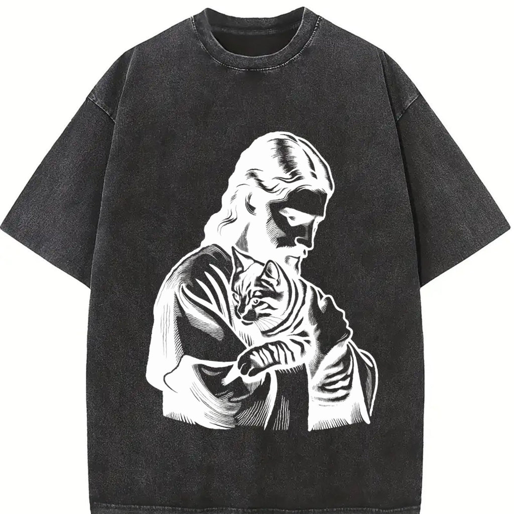 Religious Jesus Hugs Cat Christ Vintage Washed T-Shirt product image 2