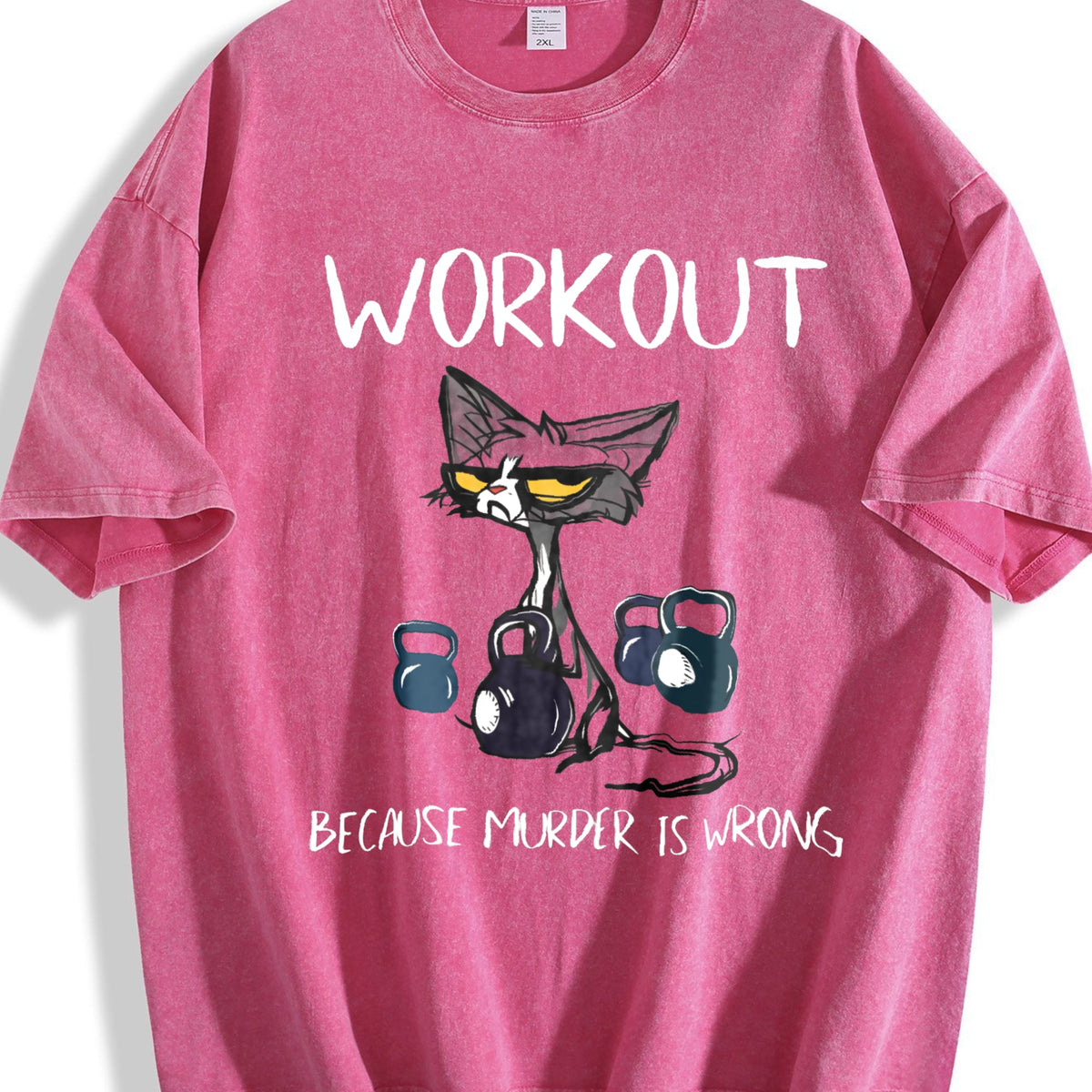 Humorous Cat & Dumbbell Vintage Washed T-Shirt product image 7