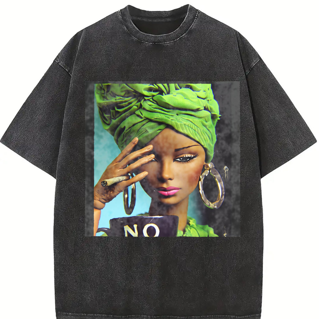 Sassy Doll with Green Head Wrap and No Mug Vintage Washed T-Shirt