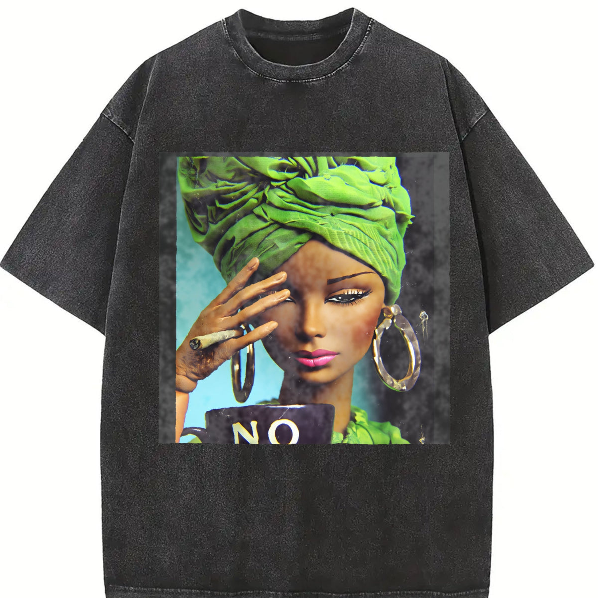 Sassy Doll with Green Head Wrap and No Mug Vintage Washed T-Shirt
