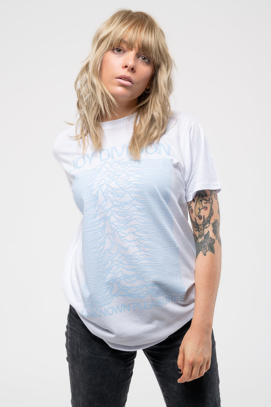Joy Division Unknown Pleasures Blue on White T Shirt product image 1