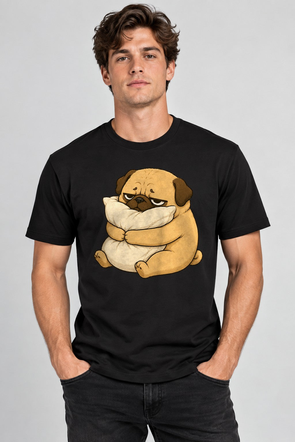 Tired Pug Hugging Pillow Funny Sleep Nap Lover Grumpy Dog Humor